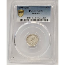 AUSTRALIA 1934/3 . THREEPENCE . VARIETY . OVERDATE . PCGS AU53